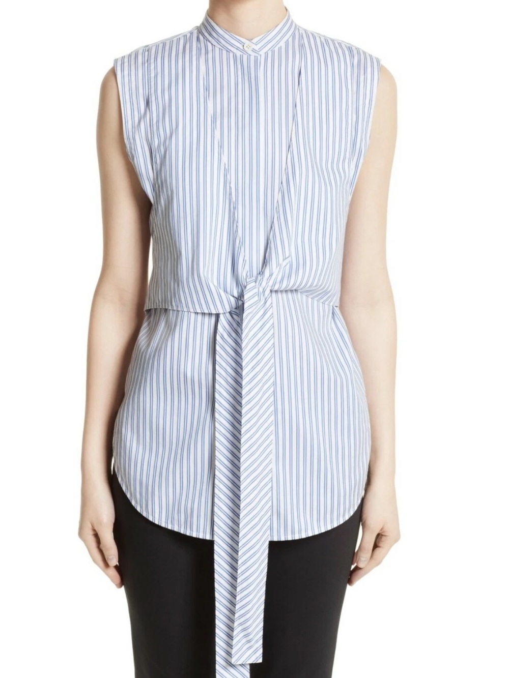 Helmut Lang Blue and White Striped Tie-Front Sleeveless Blouse